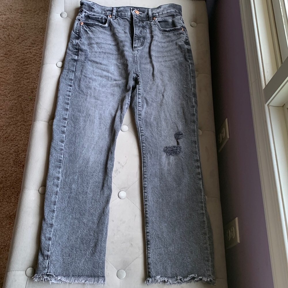 Loft Black Faded Distressed Mom Jeans with Rose Gold Detailing- Straight Crop 2P